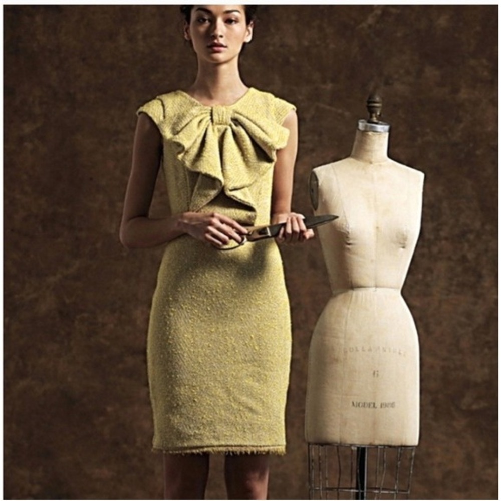 Anthropologie Eva Franco Dress Chartreuse Yellow Tweed Bow Pencil Trad‎ Wife 12